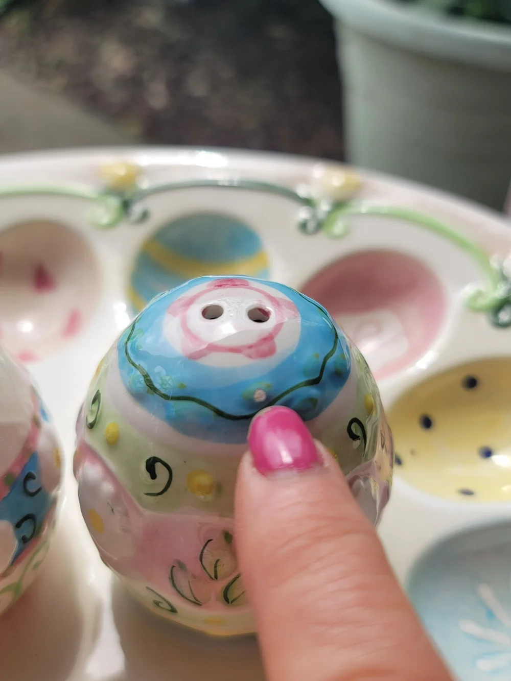 Vintage Hand-Painted Easter Egg Salt & Pepper Shakers on Pastel Egg Tray